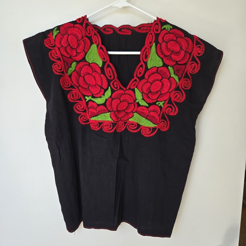 Black with Red Floral Embroidered Top